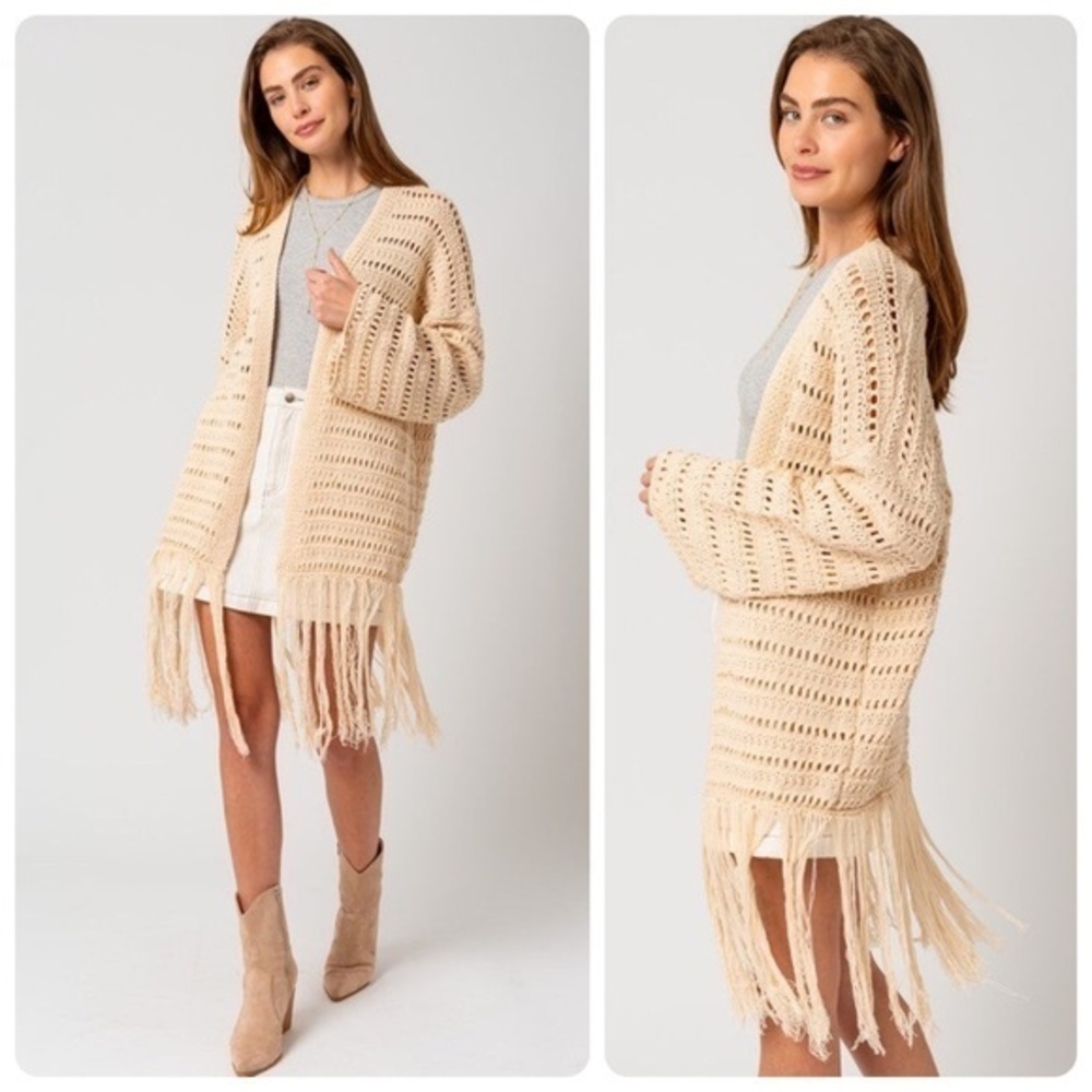 Crochet Knit Fringe Cardigan Boho Dreams by Gilli Natural Beige Size Medium - Picture 14 of 14
